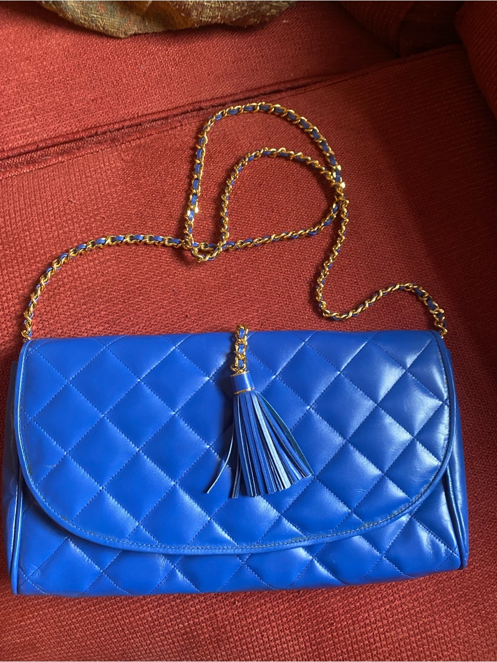 Susan Gail vintage leather Quilted Blue Tassel Crossbody Bag chain strap